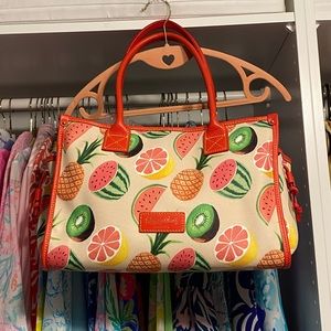Dooney & Bourke Cream Bag Tote Red Trim and Multicolor Fruit Print